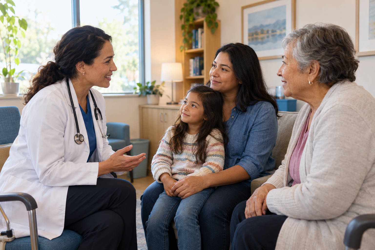 A clinician sharing a warm conversation with a multigenerational family