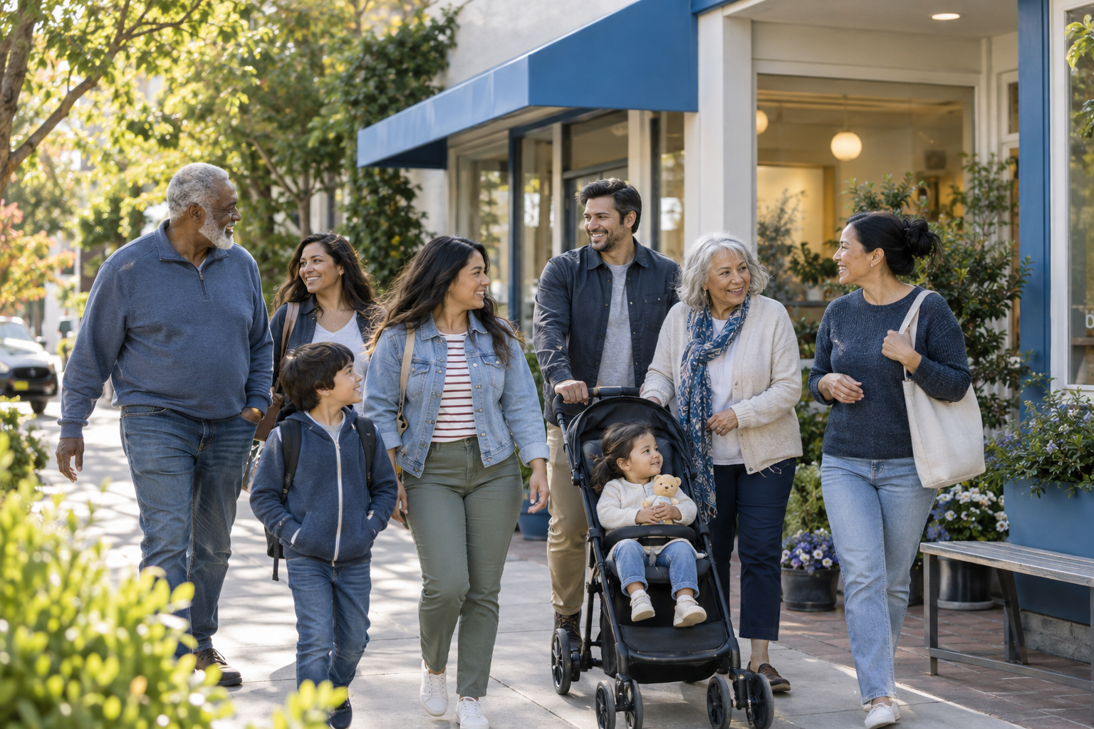 Neighbors and families gathering outside a welcoming community clinic