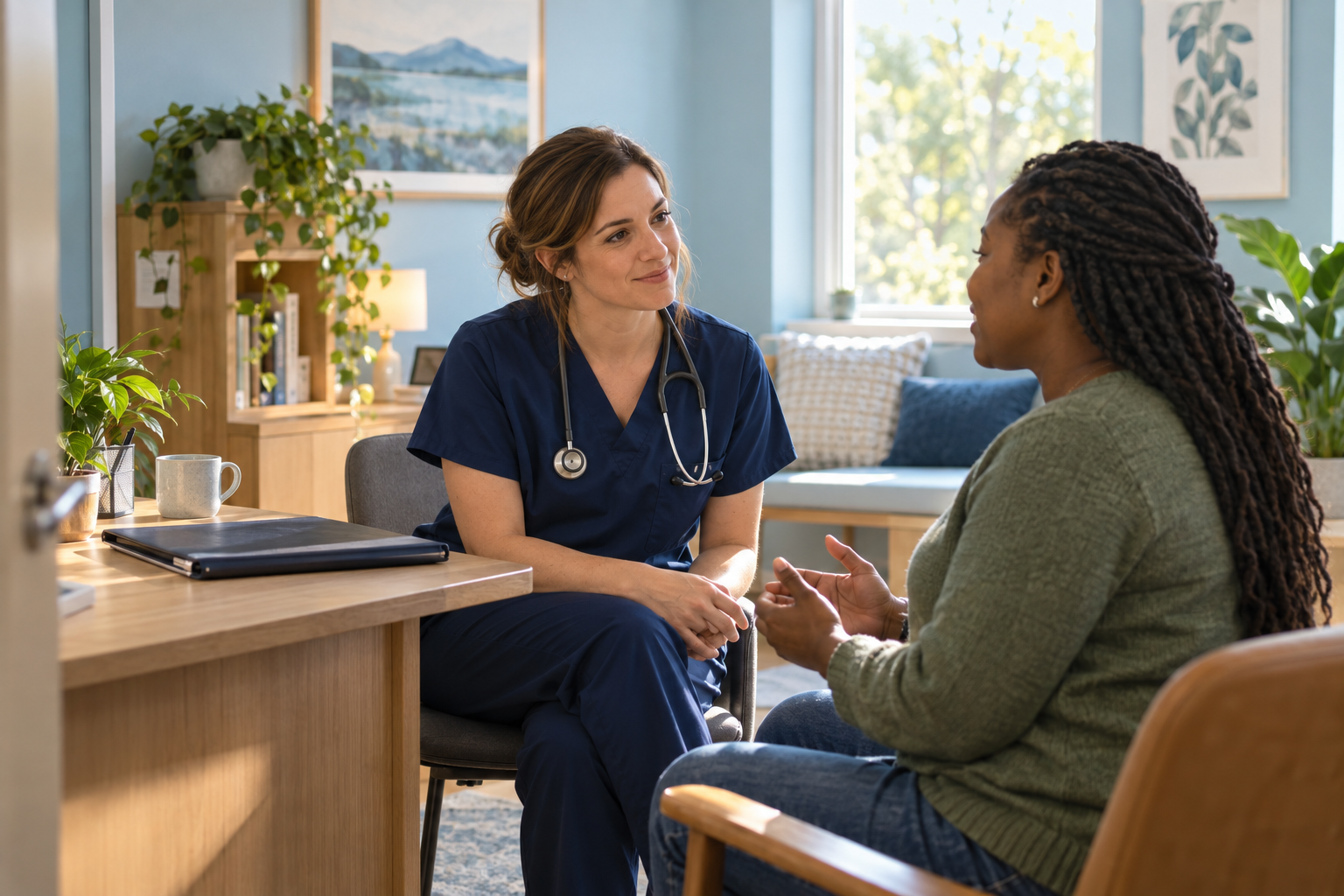 A caring provider listening to a patient in a welcoming clinic