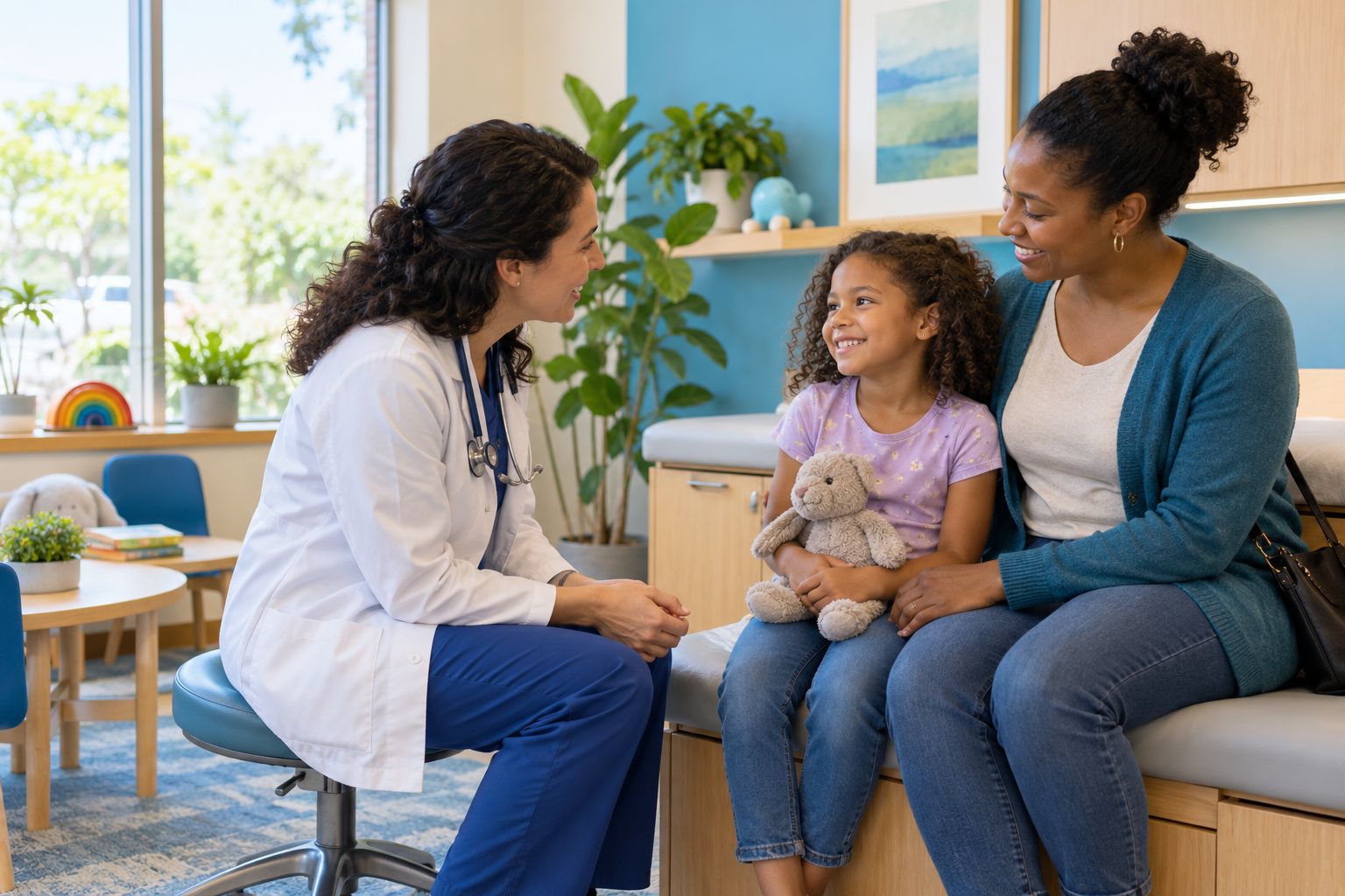 A young child and parent smiling with a TNC clinician in a welcoming exam room