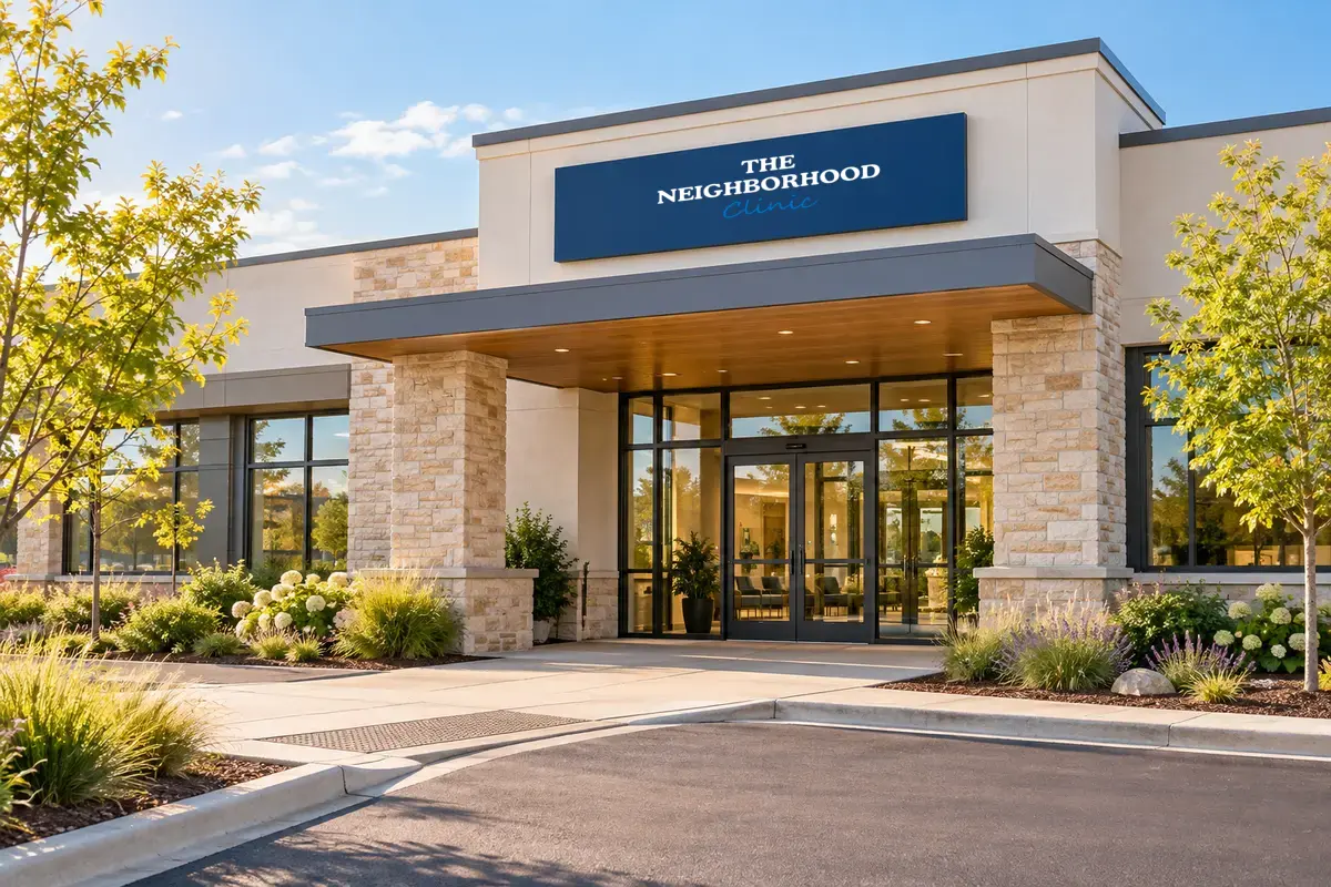 A welcoming Neighborhood Clinic entrance with the clinic logo mounted on the building