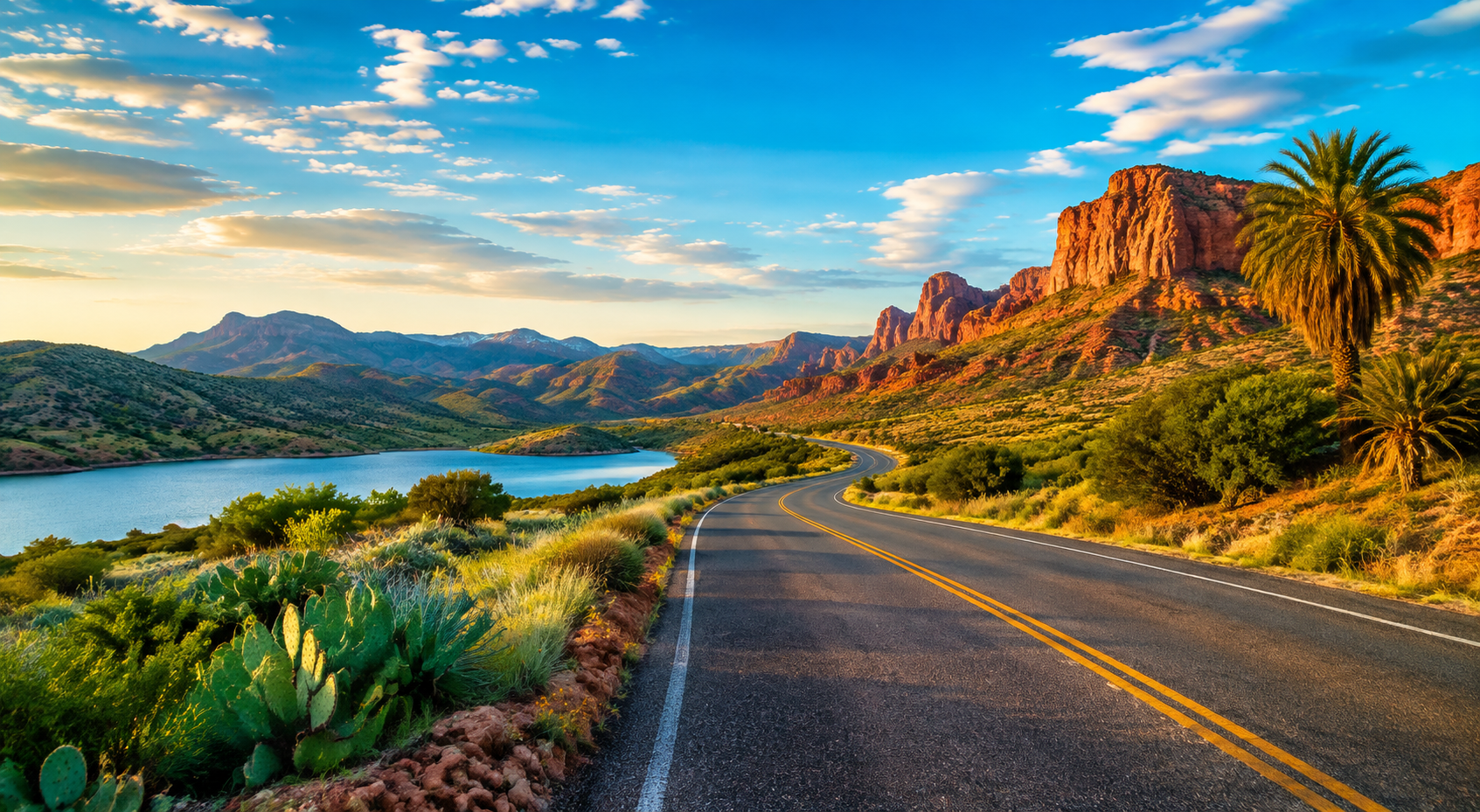 A scenic road winding through a colorful American landscape