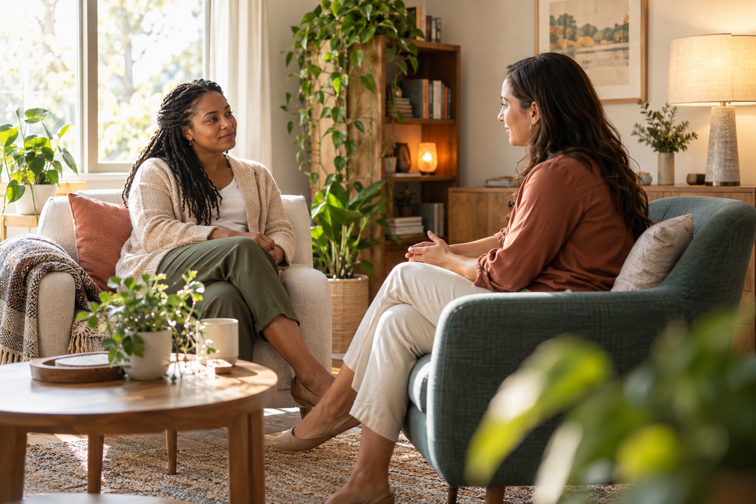 A warm, welcoming illustration representing caring mental-health counseling and conversation