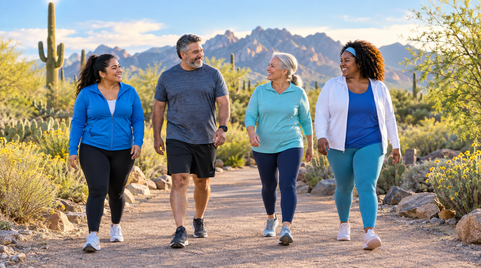 A diverse group of adults enjoying a supportive walk through a colorful Arizona desert park