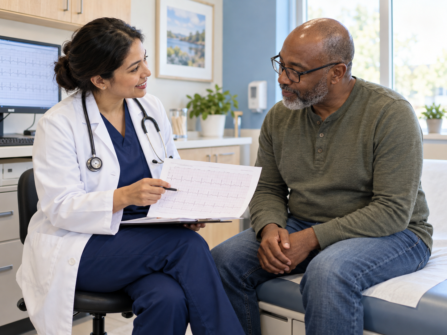 A provider reviewing an EKG and care plan with a patient