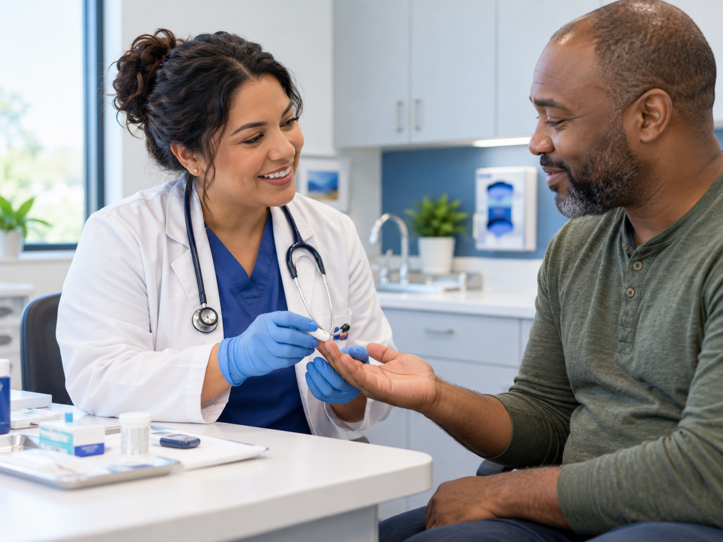 A provider performing a point-of-care test with a patient in the clinic