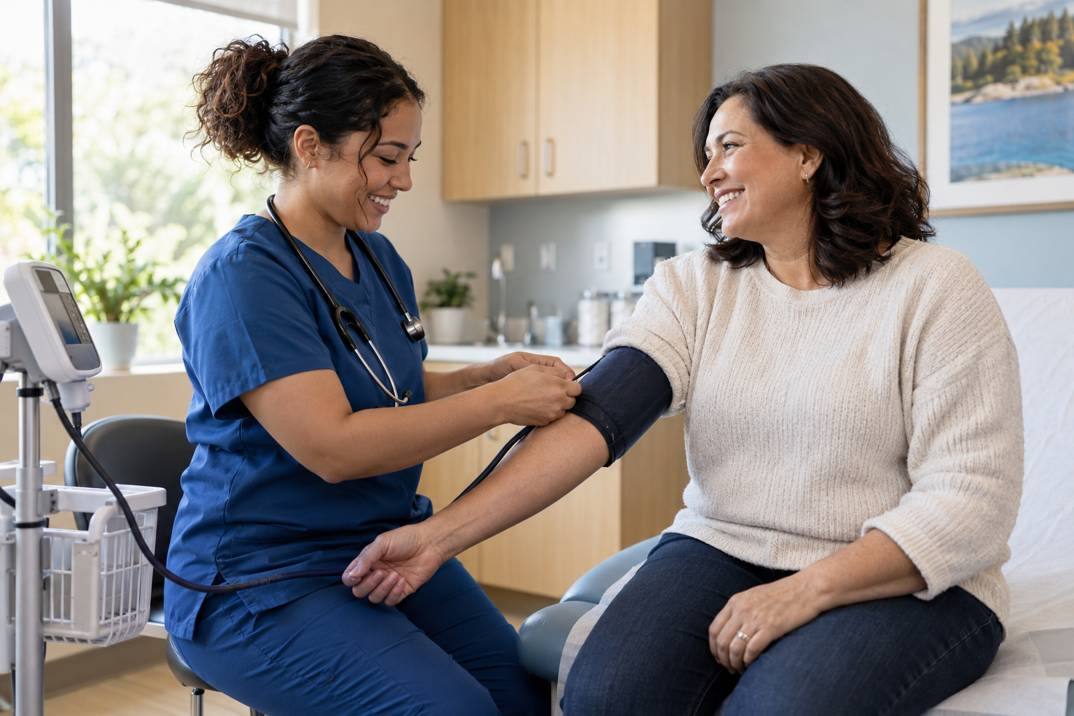 A patient smiling during a routine blood pressure check