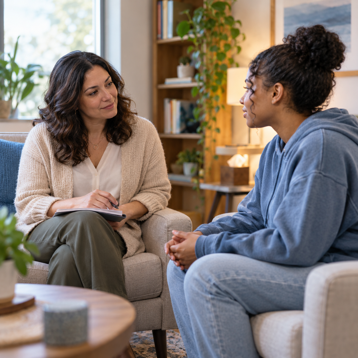 A counselor listening attentively to a patient in a comfortable office