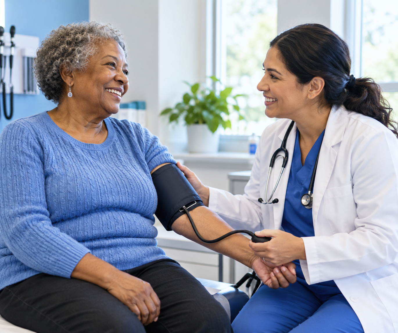 A provider checking a patient’s blood pressure during a chronic care visit