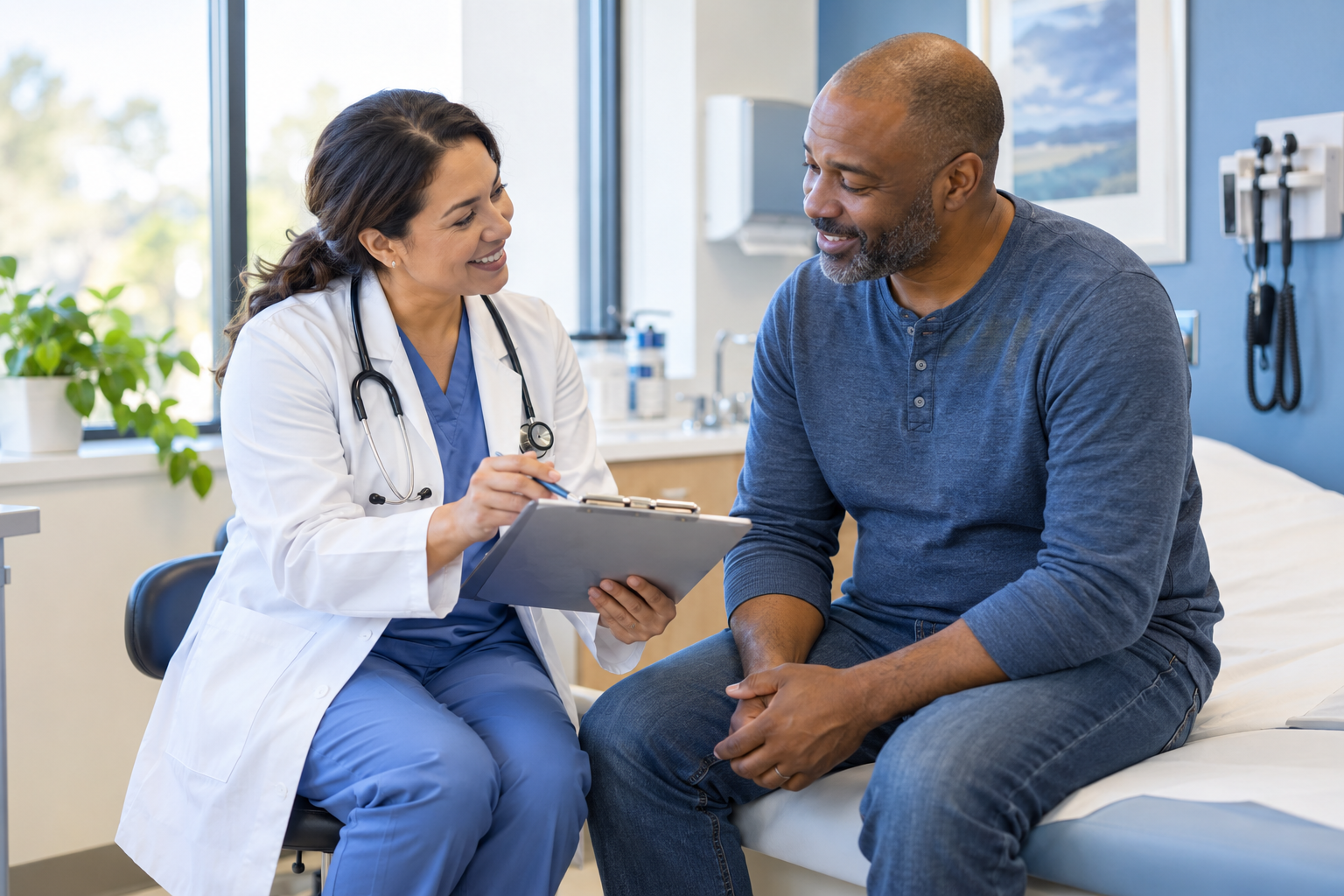 A primary care provider reviewing a preventive care plan with a patient